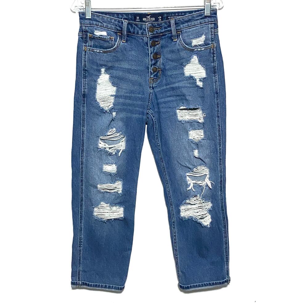 Hollister Mid Rise Crop Boyfriend Women 3R Distressed Vintage Stretch Button Fly